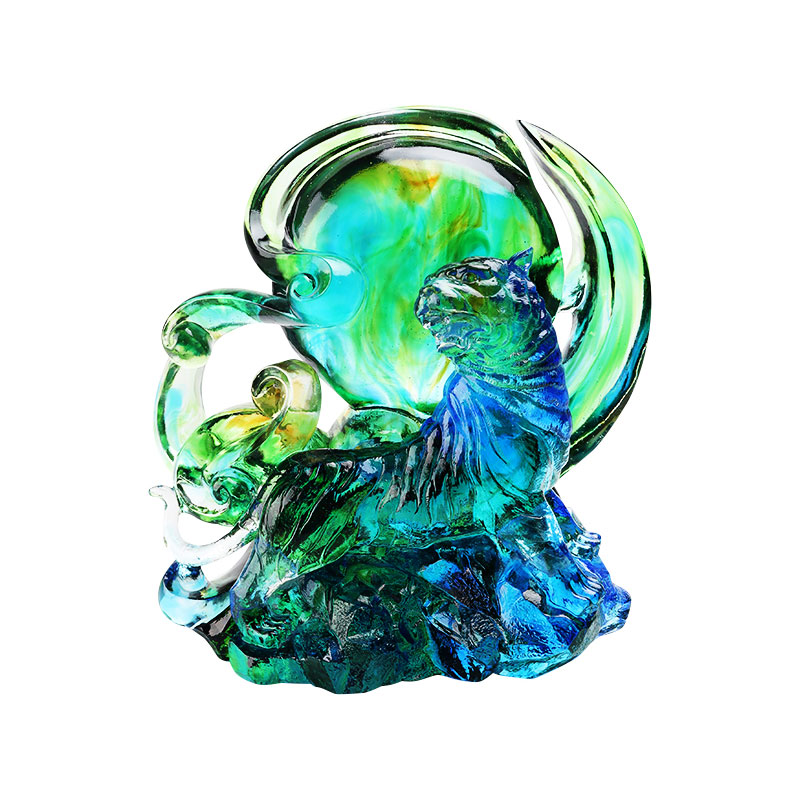 Enfeites de tigre de cristal transparente azul esverdeado