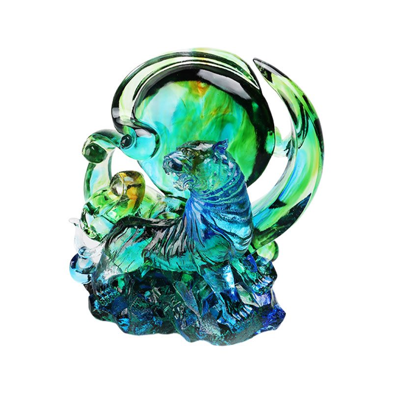 Enfeites de tigre de cristal transparente azul esverdeado