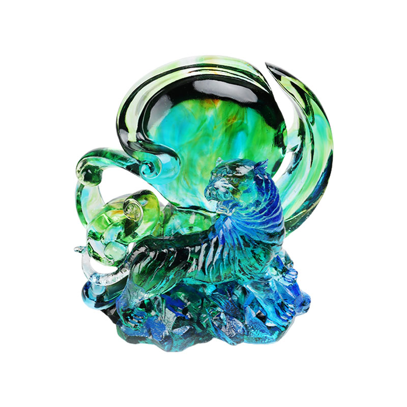 Enfeites de tigre de cristal transparente azul esverdeado