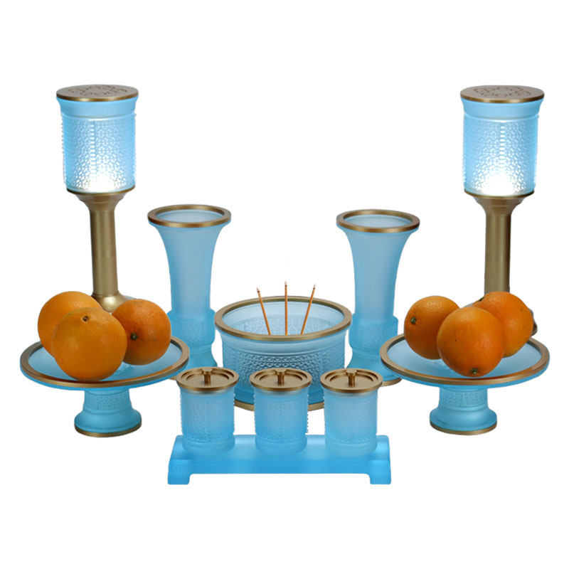 Conjunto de oferendas de altar budista de vidro da série Ruyi azul claro
