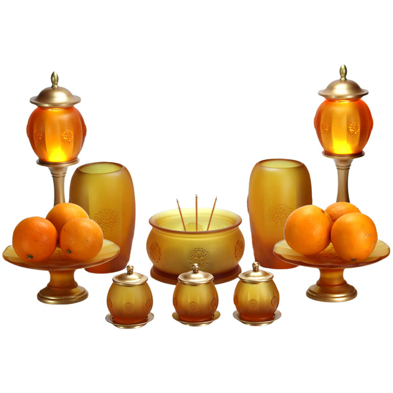 Conjunto de ofertas de vidro dourado de altar budista série 
