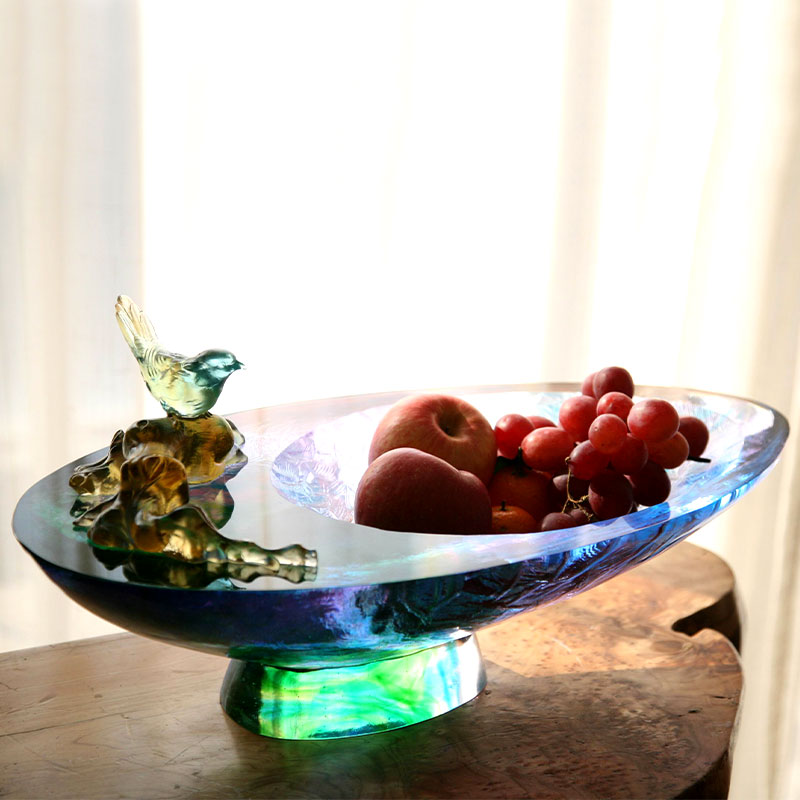 Fruteira em vidro cristal com decoração de pássaros