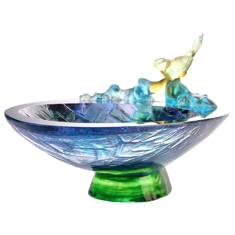 Fruteira em vidro cristal com decoração de pássaros