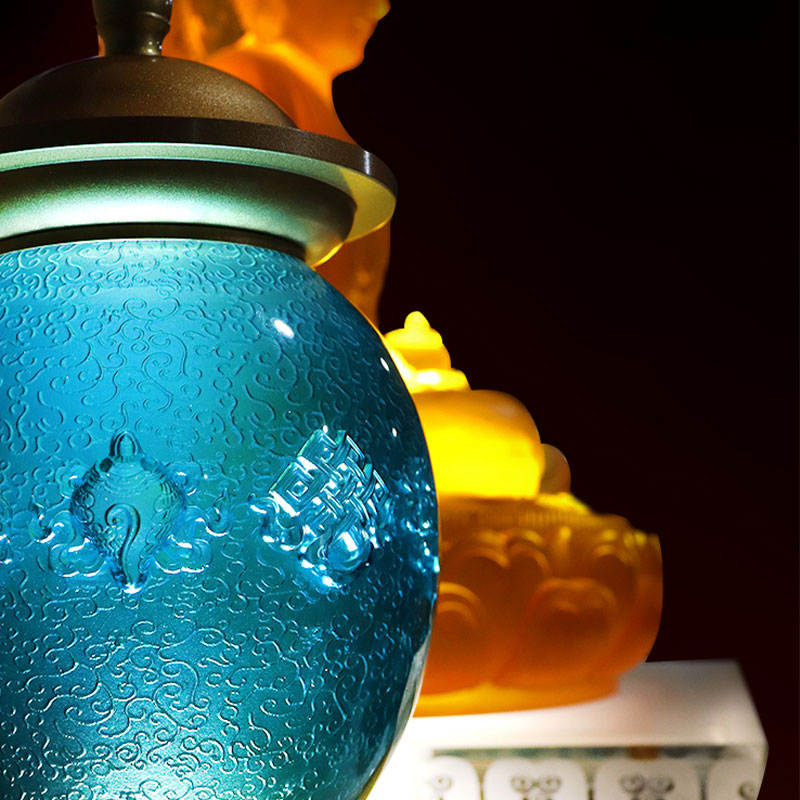 Ofertas budistas do vidro de cristal do altar dos símbolos auspiciosos dos azuis reais oito