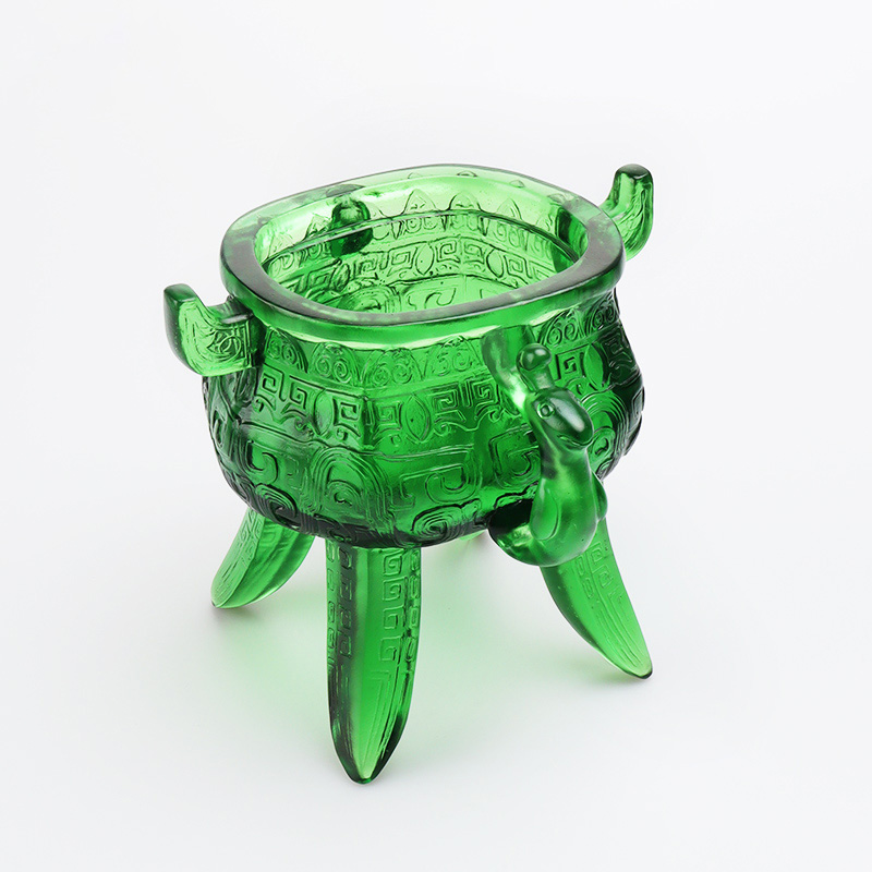 Tripé de vidro cristal verde esmeralda com alças em formato de orelha