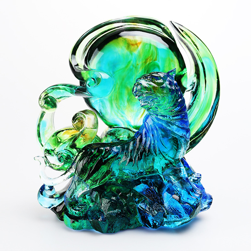 Enfeites de tigre de cristal transparente azul esverdeado